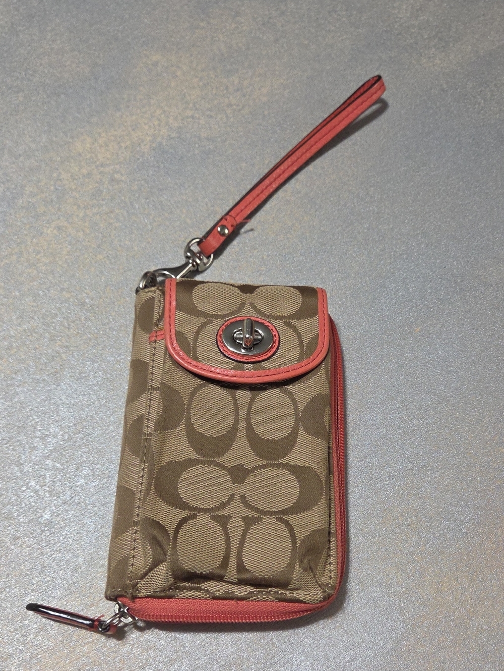 Coach Signature Canvas Wristlet in Tan with Coral Trim and Strap Vintage